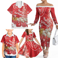 New Zealand Christmas In July Personalised Family Matching Off The Shoulder Long Sleeve Dress and Hawaiian Shirt Funny Santa Sheep Meri Kirihimete Red LT14 - Polynesian Pride