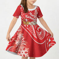 New Zealand Christmas In July Personalised Kid Short Sleeve Dress Funny Santa Sheep Meri Kirihimete Red LT14 KID Red - Polynesian Pride