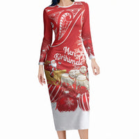 New Zealand Christmas In July Personalised Long Sleeve Bodycon Dress Funny Santa Sheep Meri Kirihimete Red LT14 Long Dress Red - Polynesian Pride