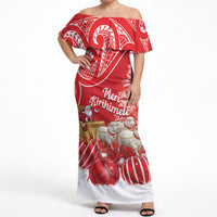 New Zealand Christmas In July Personalised Off Shoulder Maxi Dress Funny Santa Sheep Meri Kirihimete Red LT14 Women Red - Polynesian Pride
