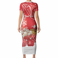 New Zealand Christmas In July Personalised Short Sleeve Bodycon Dress Funny Santa Sheep Meri Kirihimete Red LT14 - Polynesian Pride