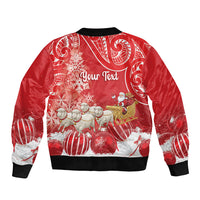 New Zealand Christmas In July Personalised Sleeve Zip Bomber Jacket Funny Santa Sheep Meri Kirihimete Red