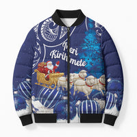 New Zealand Christmas In July Personalised Bomber Puffer Jacket Funny Santa Sheep Meri Kirihimete Blue
