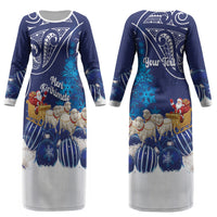 New Zealand Christmas In July Personalised Couples Matching Long Sleeve Bodycon Dress and Hawaiian Shirt Funny Santa Sheep Meri Kirihimete Blue LT14 - Polynesian Pride
