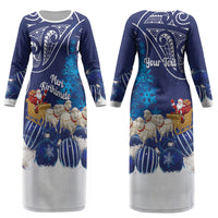 New Zealand Christmas In July Personalised Couples Matching Long Sleeve Bodycon Dress and Long Sleeve Button Shirt Funny Santa Sheep Meri Kirihimete Blue LT14 - Polynesian Pride
