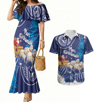 New Zealand Christmas In July Personalised Couples Matching Mermaid Dress and Hawaiian Shirt Funny Santa Sheep Meri Kirihimete Blue LT14 Blue - Polynesian Pride