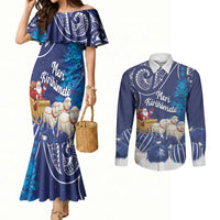 New Zealand Christmas In July Personalised Couples Matching Mermaid Dress and Long Sleeve Button Shirt Funny Santa Sheep Meri Kirihimete Blue LT14 Blue - Polynesian Pride