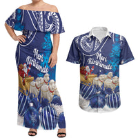 New Zealand Christmas In July Personalised Couples Matching Off Shoulder Maxi Dress and Hawaiian Shirt Funny Santa Sheep Meri Kirihimete Blue LT14 Blue - Polynesian Pride