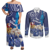 New Zealand Christmas In July Personalised Couples Matching Off Shoulder Maxi Dress and Long Sleeve Button Shirt Funny Santa Sheep Meri Kirihimete Blue LT14 Blue - Polynesian Pride