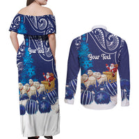 New Zealand Christmas In July Personalised Couples Matching Off Shoulder Maxi Dress and Long Sleeve Button Shirt Funny Santa Sheep Meri Kirihimete Blue