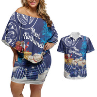 New Zealand Christmas In July Personalised Couples Matching Off Shoulder Short Dress and Hawaiian Shirt Funny Santa Sheep Meri Kirihimete Blue LT14 Blue - Polynesian Pride
