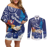 New Zealand Christmas In July Personalised Couples Matching Off Shoulder Short Dress and Long Sleeve Button Shirt Funny Santa Sheep Meri Kirihimete Blue