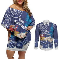 New Zealand Christmas In July Personalised Couples Matching Off Shoulder Short Dress and Long Sleeve Button Shirt Funny Santa Sheep Meri Kirihimete Blue LT14 Blue - Polynesian Pride
