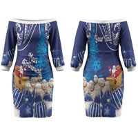 New Zealand Christmas In July Personalised Couples Matching Off The Shoulder Long Sleeve Dress and Long Sleeve Button Shirt Funny Santa Sheep Meri Kirihimete Blue LT14 - Polynesian Pride