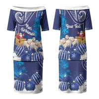 New Zealand Christmas In July Personalised Couples Matching Puletasi and Hawaiian Shirt Funny Santa Sheep Meri Kirihimete Blue LT14 - Polynesian Pride