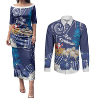New Zealand Christmas In July Personalised Couples Matching Puletasi and Long Sleeve Button Shirt Funny Santa Sheep Meri Kirihimete Blue LT14 Blue - Polynesian Pride