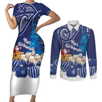 New Zealand Christmas In July Personalised Couples Matching Short Sleeve Bodycon Dress and Long Sleeve Button Shirt Funny Santa Sheep Meri Kirihimete Blue