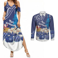 New Zealand Christmas In July Personalised Couples Matching Summer Maxi Dress and Long Sleeve Button Shirt Funny Santa Sheep Meri Kirihimete Blue LT14 Blue - Polynesian Pride
