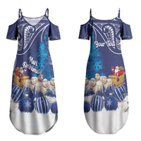 New Zealand Christmas In July Personalised Couples Matching Summer Maxi Dress and Long Sleeve Button Shirt Funny Santa Sheep Meri Kirihimete Blue LT14 - Polynesian Pride