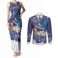 New Zealand Christmas In July Personalised Couples Matching Tank Maxi Dress and Long Sleeve Button Shirt Funny Santa Sheep Meri Kirihimete Blue LT14 Blue - Polynesian Pride