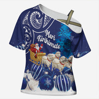New Zealand Christmas In July Personalised Cross Shoulder Shirt Funny Santa Sheep Meri Kirihimete Blue