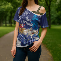 New Zealand Christmas In July Personalised Cross Shoulder Shirt Funny Santa Sheep Meri Kirihimete Blue
