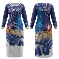 New Zealand Christmas In July Personalised Family Matching Long Sleeve Bodycon Dress and Hawaiian Shirt Funny Santa Sheep Meri Kirihimete Blue LT14 Mom's Dress Blue - Polynesian Pride