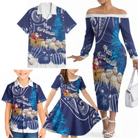 New Zealand Christmas In July Personalised Family Matching Off The Shoulder Long Sleeve Dress and Hawaiian Shirt Funny Santa Sheep Meri Kirihimete Blue LT14 - Polynesian Pride
