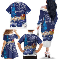 New Zealand Christmas In July Personalised Family Matching Off The Shoulder Long Sleeve Dress and Hawaiian Shirt Funny Santa Sheep Meri Kirihimete Blue