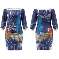 New Zealand Christmas In July Personalised Family Matching Off The Shoulder Long Sleeve Dress and Hawaiian Shirt Funny Santa Sheep Meri Kirihimete Blue LT14 Mom's Dress Blue - Polynesian Pride