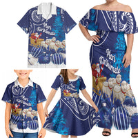New Zealand Christmas In July Personalised Family Matching Off Shoulder Maxi Dress and Hawaiian Shirt Funny Santa Sheep Meri Kirihimete Blue LT14 - Polynesian Pride