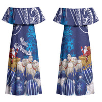 New Zealand Christmas In July Personalised Family Matching Off Shoulder Maxi Dress and Hawaiian Shirt Funny Santa Sheep Meri Kirihimete Blue LT14 Mom's Dress Blue - Polynesian Pride