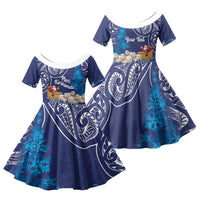 New Zealand Christmas In July Personalised Family Matching Off Shoulder Maxi Dress and Hawaiian Shirt Funny Santa Sheep Meri Kirihimete Blue LT14 Daughter's Dress Blue - Polynesian Pride