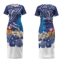 New Zealand Christmas In July Personalised Family Matching Short Sleeve Bodycon Dress and Hawaiian Shirt Funny Santa Sheep Meri Kirihimete Blue LT14 Mom's Dress Blue - Polynesian Pride