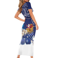 New Zealand Christmas In July Personalised Family Matching Short Sleeve Bodycon Dress and Hawaiian Shirt Funny Santa Sheep Meri Kirihimete Blue