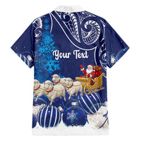 New Zealand Christmas In July Personalised Hawaiian Shirt Funny Santa Sheep Meri Kirihimete Blue
