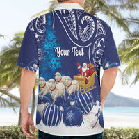 New Zealand Christmas In July Personalised Hawaiian Shirt Funny Santa Sheep Meri Kirihimete Blue