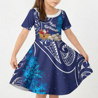 New Zealand Christmas In July Personalised Kid Short Sleeve Dress Funny Santa Sheep Meri Kirihimete Blue LT14 KID Blue - Polynesian Pride