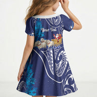 New Zealand Christmas In July Personalised Kid Short Sleeve Dress Funny Santa Sheep Meri Kirihimete Blue LT14 - Polynesian Pride