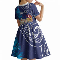 New Zealand Christmas In July Personalised Kid Short Sleeve Dress Funny Santa Sheep Meri Kirihimete Blue LT14 - Polynesian Pride