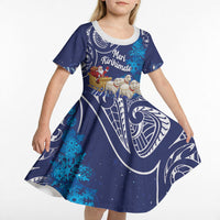 New Zealand Christmas In July Personalised Kid Short Sleeve Dress Funny Santa Sheep Meri Kirihimete Blue LT14 - Polynesian Pride