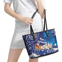 New Zealand Christmas In July Leather Tote Bag Funny Santa Sheep Meri Kirihimete Blue
