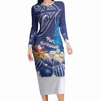 New Zealand Christmas In July Personalised Long Sleeve Bodycon Dress Funny Santa Sheep Meri Kirihimete Blue LT14 Long Dress Blue - Polynesian Pride