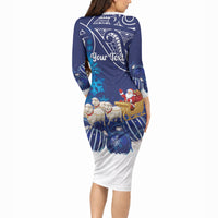 New Zealand Christmas In July Personalised Long Sleeve Bodycon Dress Funny Santa Sheep Meri Kirihimete Blue LT14 - Polynesian Pride
