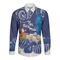 New Zealand Christmas In July Personalised Long Sleeve Button Shirt Funny Santa Sheep Meri Kirihimete Blue LT14 Unisex Blue - Polynesian Pride