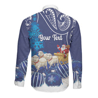 New Zealand Christmas In July Personalised Long Sleeve Button Shirt Funny Santa Sheep Meri Kirihimete Blue LT14 - Polynesian Pride
