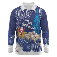 New Zealand Christmas In July Personalised Long Sleeve Polo Shirt Funny Santa Sheep Meri Kirihimete Blue