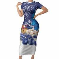 New Zealand Christmas In July Personalised Short Sleeve Bodycon Dress Funny Santa Sheep Meri Kirihimete Blue LT14 Long Dress Blue - Polynesian Pride