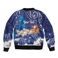 New Zealand Christmas In July Personalised Sleeve Zip Bomber Jacket Funny Santa Sheep Meri Kirihimete Blue