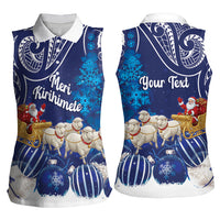 New Zealand Christmas In July Personalised Women Sleeveless Polo Shirt Funny Santa Sheep Meri Kirihimete Blue